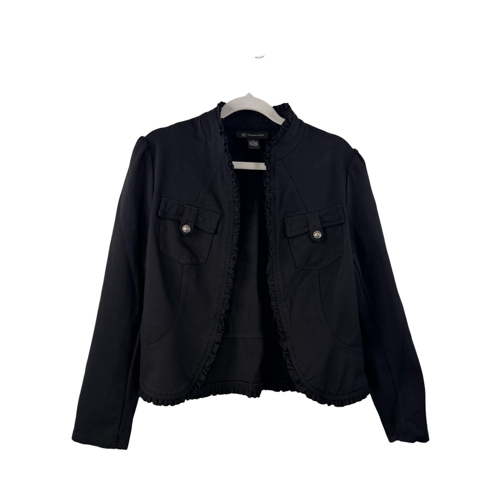 I N C Women’s Long Sleeve Short Jacket Ruffled Edge Size Medium Black whimsygoth